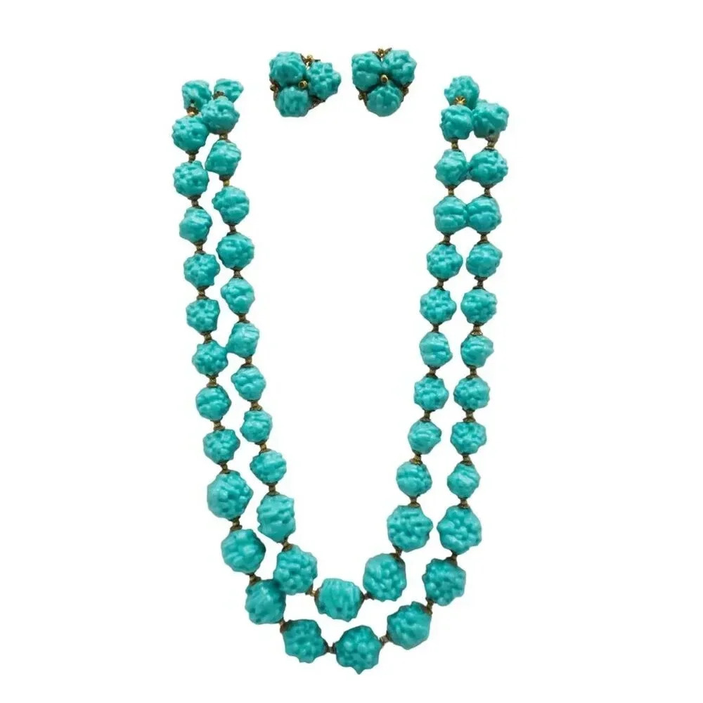 Double Strand Popcorn Acrylic Beaded Blue Necklace Earrings Clip on Vintage